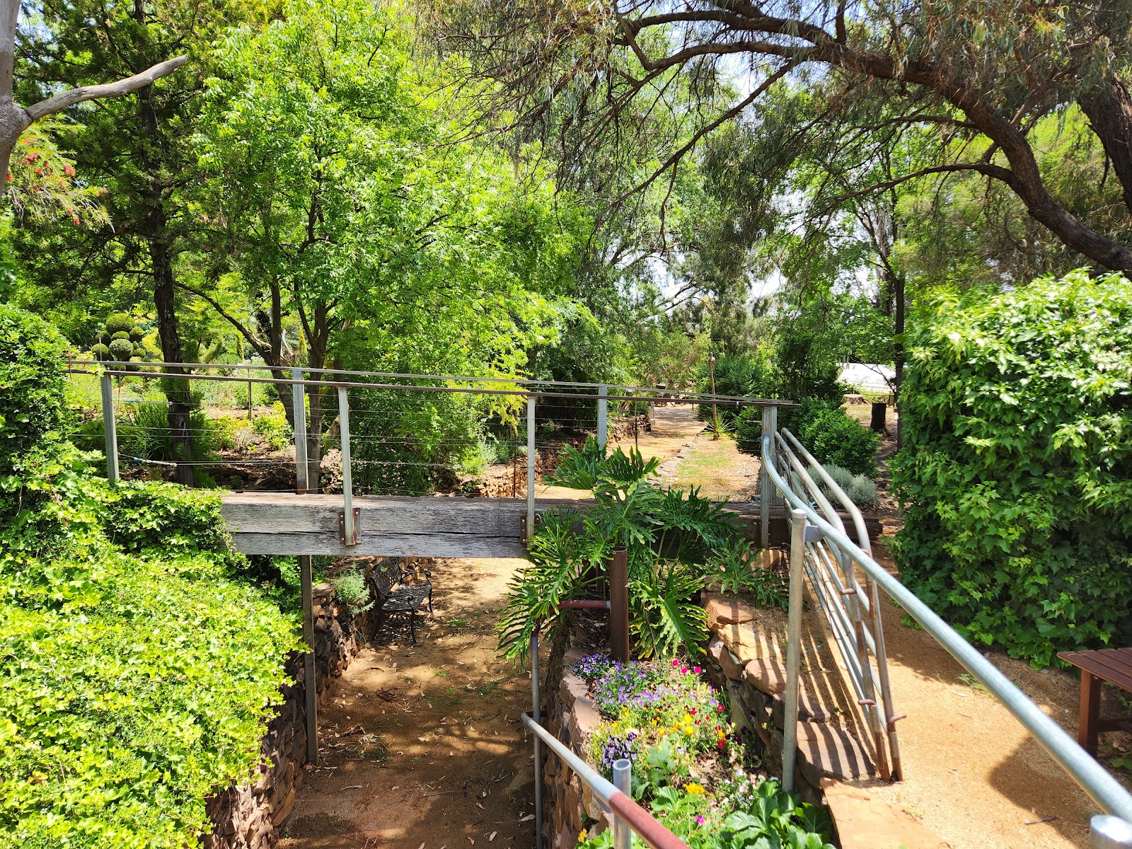 Lush garden beds and a timber footbridge in the nursery grounds